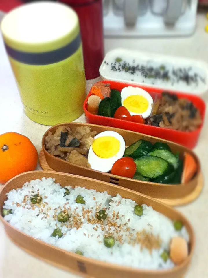 Today's lunch box with soup jar. greenpeas rice yummy! さむいのでJKはワンタンスープを保温ジャーで持参。|hoppycowさん