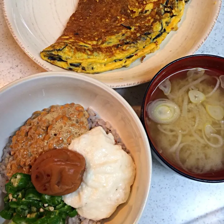 Snapdishの料理写真:ねばトロ丼、千切り大根の味噌汁、具だくさん卵焼き（じゃこ、ひじき、しめじ）|りささん