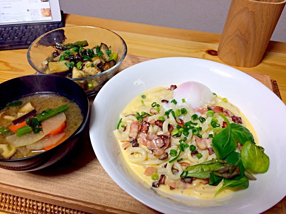 ヨーグルトガルボうどん、簡単副菜@なすとしめじの塩昆布蒸し、具沢山の味噌汁！|Uemura Koshiさん