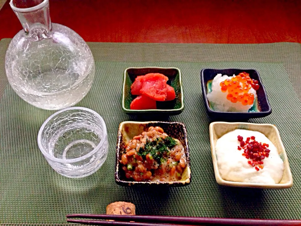 wait a moment☝"ちょっとこれつまむ?♥cod roe,Grated radish w/ salmon roe,natto&yamato sticky yam🇯🇵たらこ､いくらおろし､納豆と大和芋|🌈Ami🍻さん