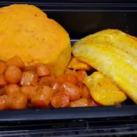 grilled tilapia, baked sweet potato & orange glazed carrots.|Melissaさん