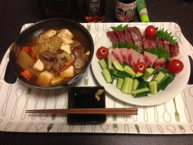 肝煮、ハマチと鰤のお刺身、キュウリとミニトマト🍅！ ৎ꒰ ¯ิ̑﹃ ¯ิ̑๑꒱ુ ୭✨|サソリさん