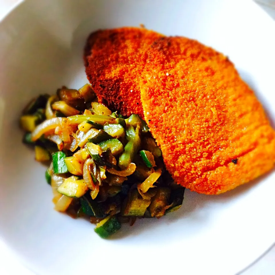 Fried soya steaks & Zucchini onion stir-fry|Stefan Labuschagneさん