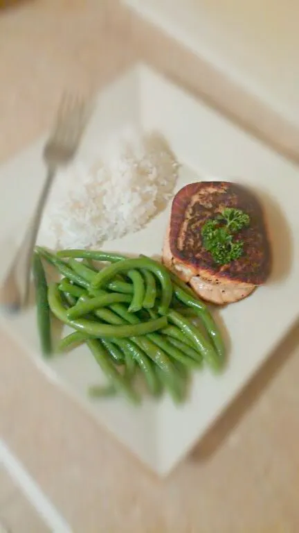 Grilled Stuffed Salmon with green beans and rice.|lilian angさん