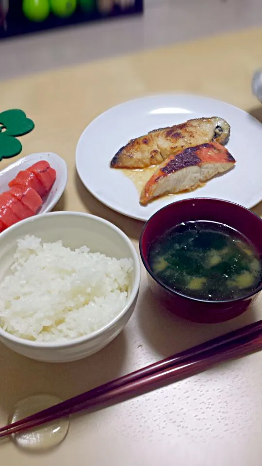 夜ご飯☆銀たらと金目鯛の粕漬けと明太子|うえなほさん