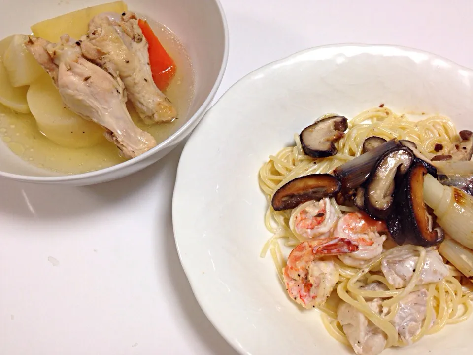 エビと椎茸パスタ、チキンポトフ|たえさん