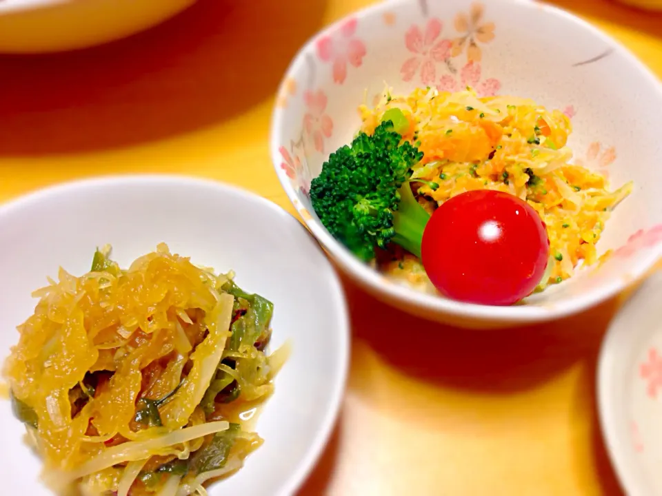 Snapdishの料理写真:そうめんかぼちゃとあまり野菜のきんぴら＆マッシュ人参とブロッコリーのサラダ|あいあいさん