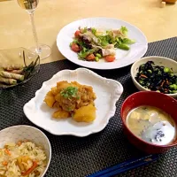 肉じゃが ひじきと枝豆 アスパラと豚肉巻き 貝柱とゴボウと人参の炊き込みご飯 冷しゃぶサラダ|May Yonemura Shiraiさん