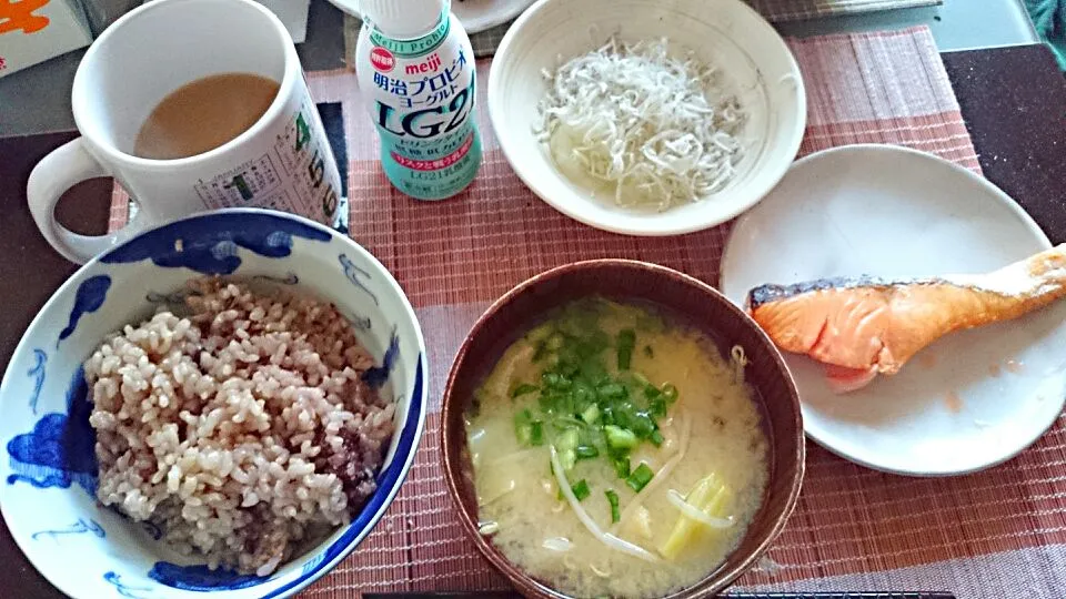 Snapdishの料理写真:鮭＆しらすおろし＆キャベツともやしの味噌汁|まぐろさん