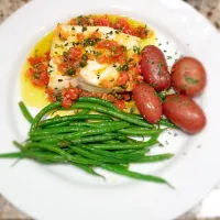 Snapdishの料理写真:Sea bass with sauce vierge, fingerling potatoes and haricots verts.|Allisonさん