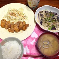 Snapdishの料理写真:鶏むね肉の甘辛揚げ、茄子ときのこのマヨポン炒め、あさりのみそ汁|ぽめきちさん