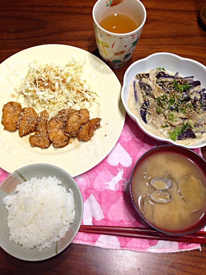 鶏むね肉の甘辛揚げ、茄子ときのこのマヨポン炒め、あさりのみそ汁|ぽめきちさん