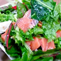 salad with salmon.
olive oil, salt, salad, salmon, valsamiko