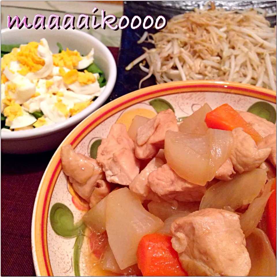 鶏ムネ大根煮✳︎玉豆腐ホウレン草サラダ✳︎エノキもやし炒め|マイコさん