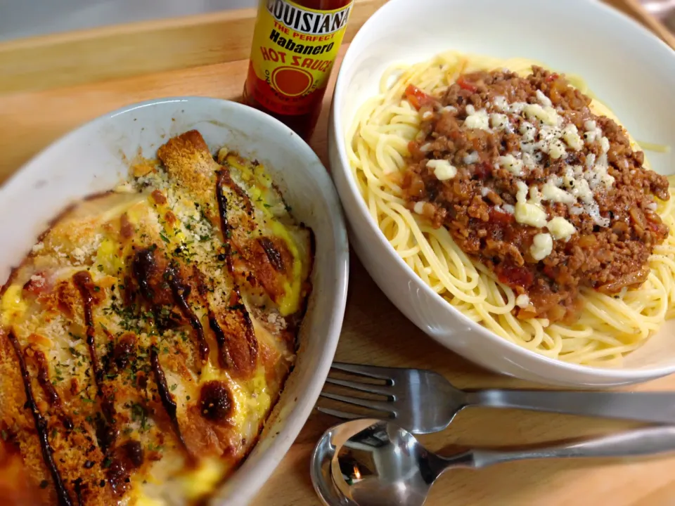 我が家の長芋グラタン♡とミートソースパスタ🍝|ひよさん