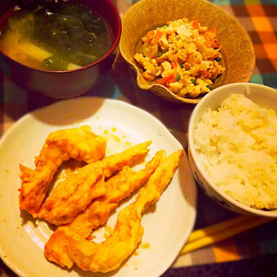 鶏天,炒り豆腐,ごはん,味噌汁|りーぴんさん