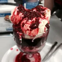 Snapdishの料理写真:Raspberry, chocolate fudge, vanilla ice cream sundae.|Sai linさん