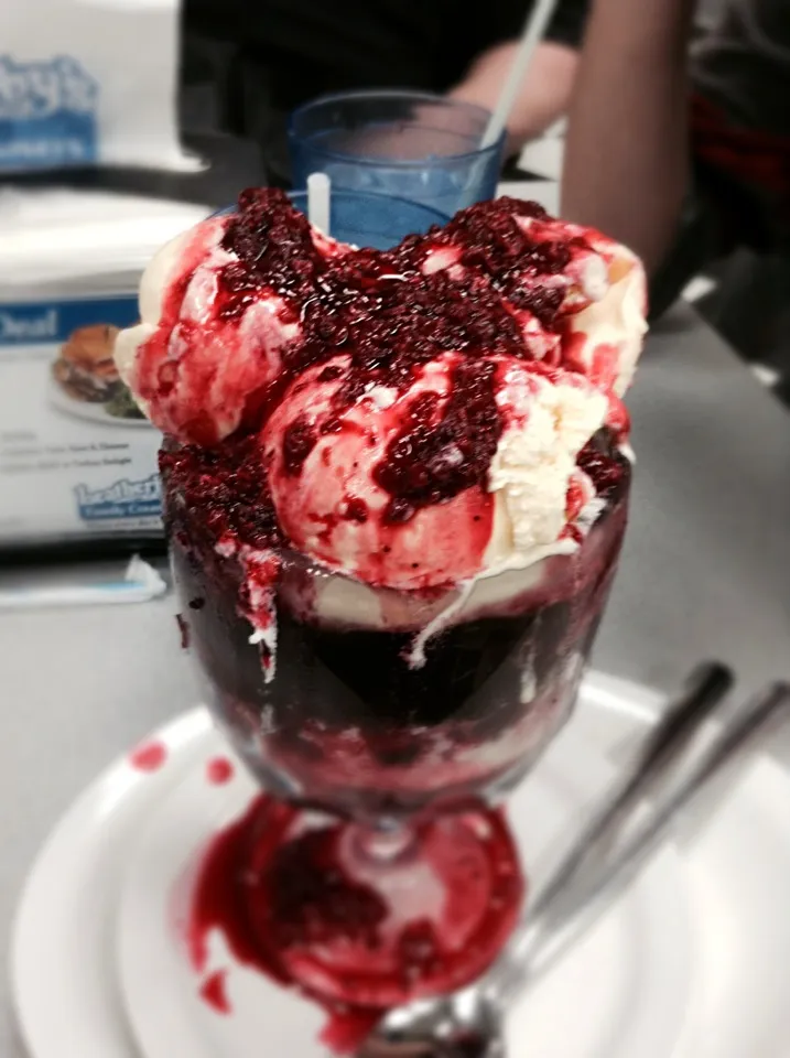 Snapdishの料理写真:Raspberry, chocolate fudge, vanilla ice cream sundae.|Sai linさん