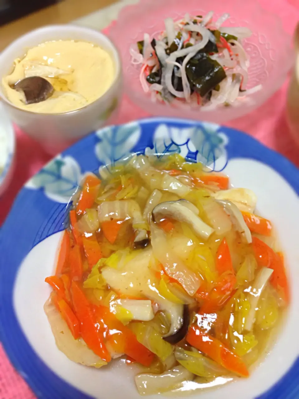 Snapdishの料理写真:白身魚のヘルシー野菜餡かけ＆茶碗蒸し＆和風大根ワカメさっぱりサラダ|naoさん