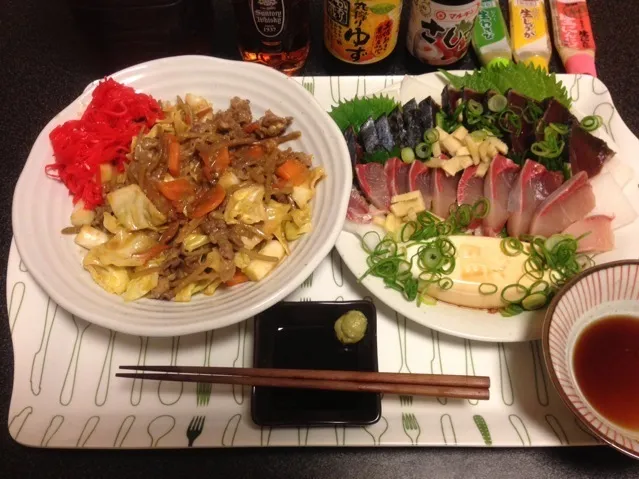 牛肉の野菜炒め、鰹のたたき、鰤のお刺身、男奴！ू(๑ ›◡ु‹ ๑ ू)✨|サソリさん