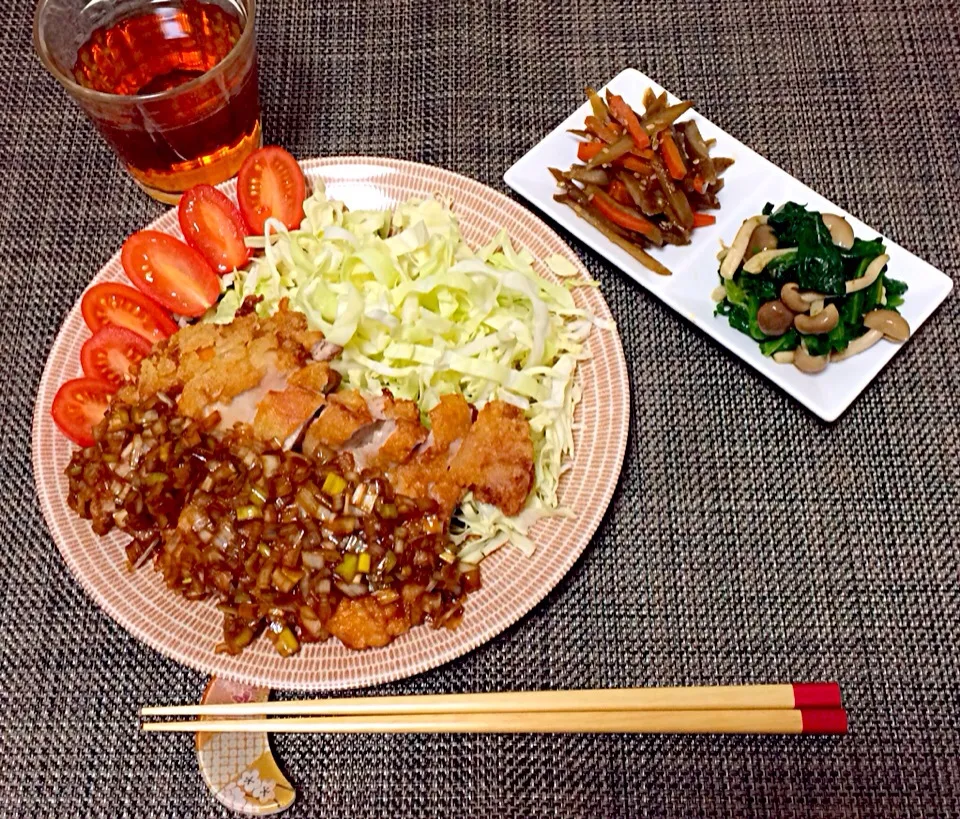 揚げ鶏ネギソースの晩ご飯|有山さん