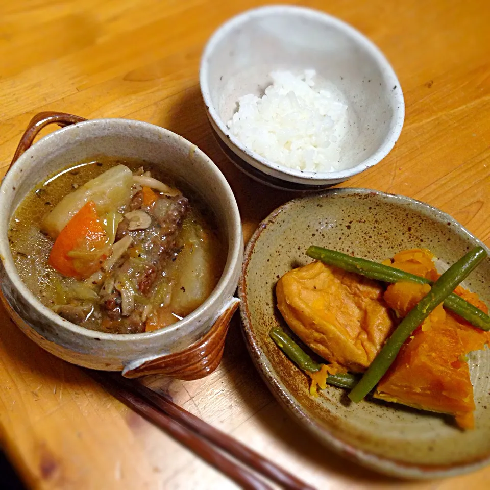 2014.01.30晩御飯  濃厚ポトフカボチャ煮付け  これにカンパチのお刺身|2boy mamさん