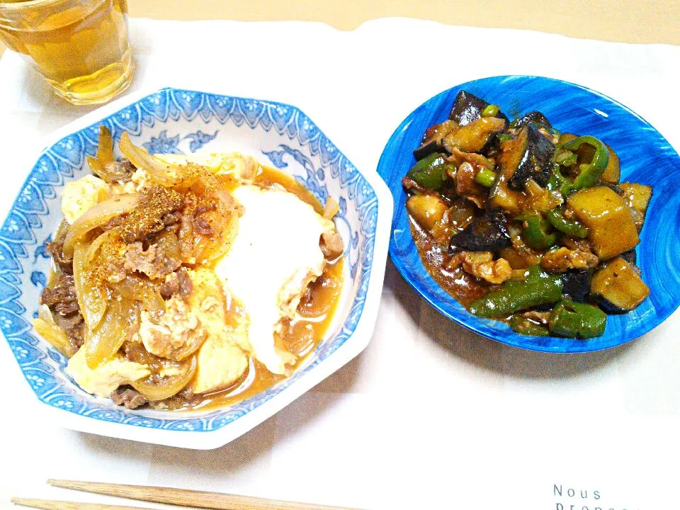 Snapdishの料理写真:CookＤo　今日の大皿の牛皿と麻婆茄子をつかってごはんがススム味の濃いメニュー|エツ次郎さん