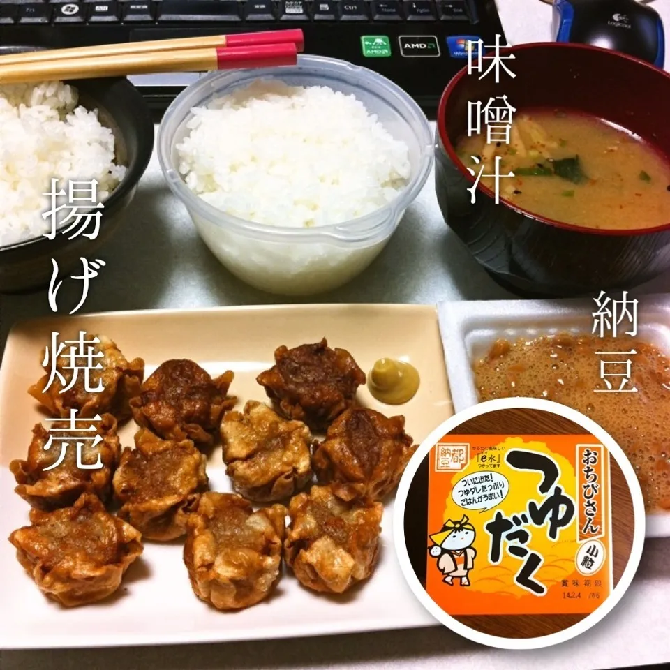 140131-揚げ焼売/納豆/インスタント味噌汁/ご飯2杯 ¥240 #夕食|dune725さん