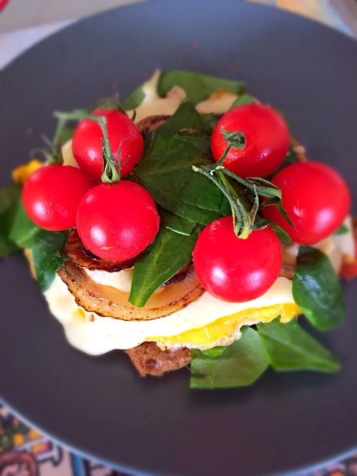 Fried egg on toast with cheese, onion & spinach, topped with cherry tomatoes!|Shanel Catastiさん