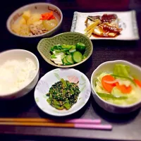 Snapdishの料理写真:鯖の味噌煮 、肉じゃが、蒸し野菜 、春菊の胡麻和え、お新香(((o(*ﾟ▽ﾟ*)o)))|さやかさん