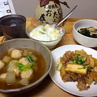 今晩の男前料理☆〜大根、豚肉、厚揚げの炒め煮、白菜と豚団子の中華スープ、舞茸とほうれん草のソテー、りんごキウイヨーグルト、芋焼酎じゃがたらお春！|Uemura Koshiさん