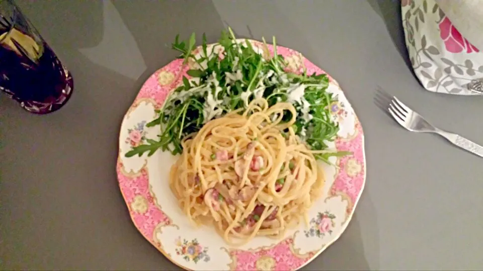 spaghetti carbonara with rocket|chandu patilさん