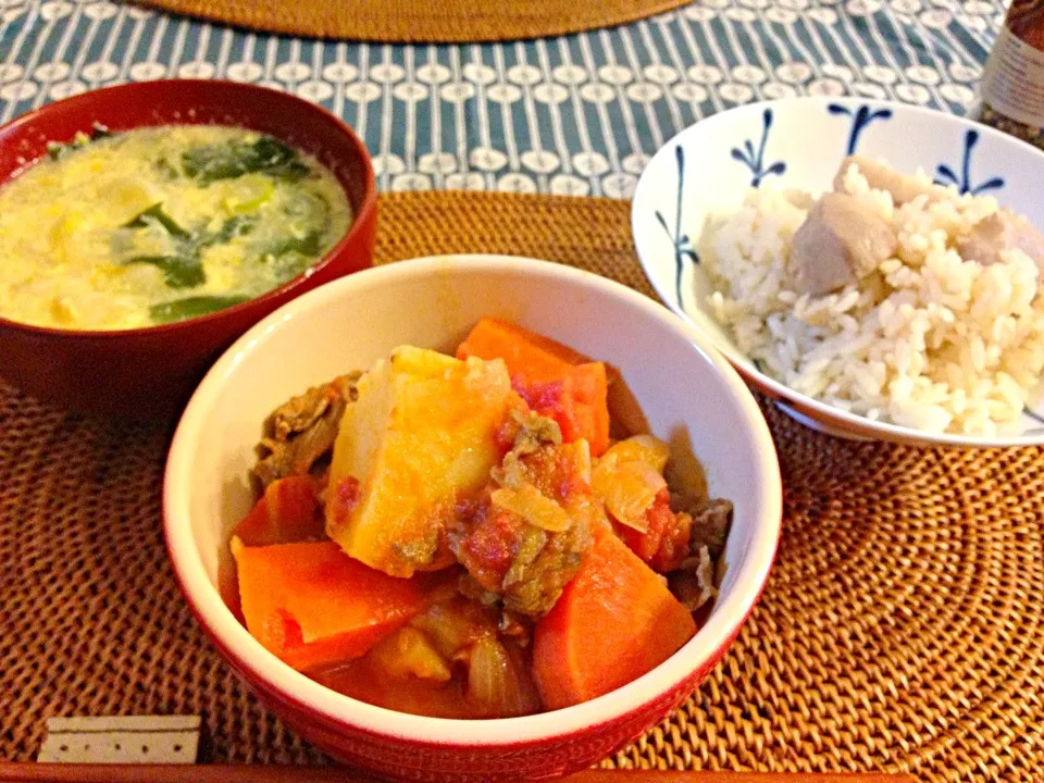 トマト肉じゃが、かきたまスープ、里芋ご飯|ゆうこさん