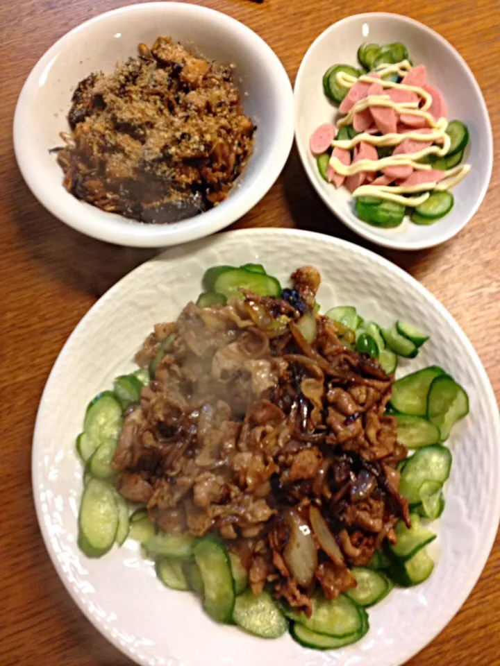 ★豚肉のニンニク醤油炒め★干しシイタケと切干し大根の佃煮★きゅうりとソーセージ|三宅 里美さん