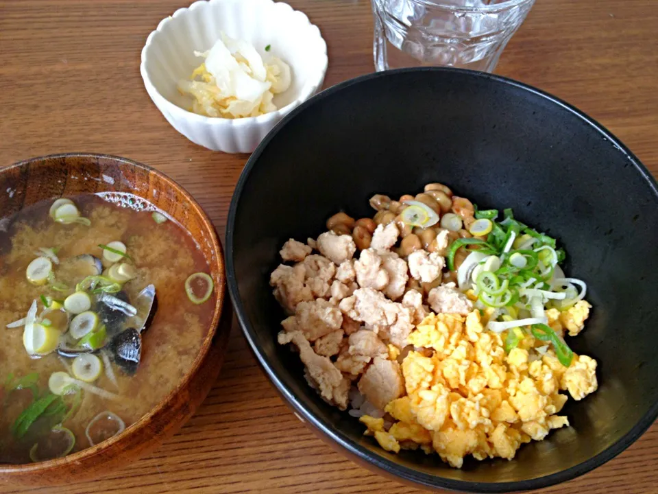 そぼろ納豆丼、味噌汁、白菜と生姜の漬物|ayakaさん