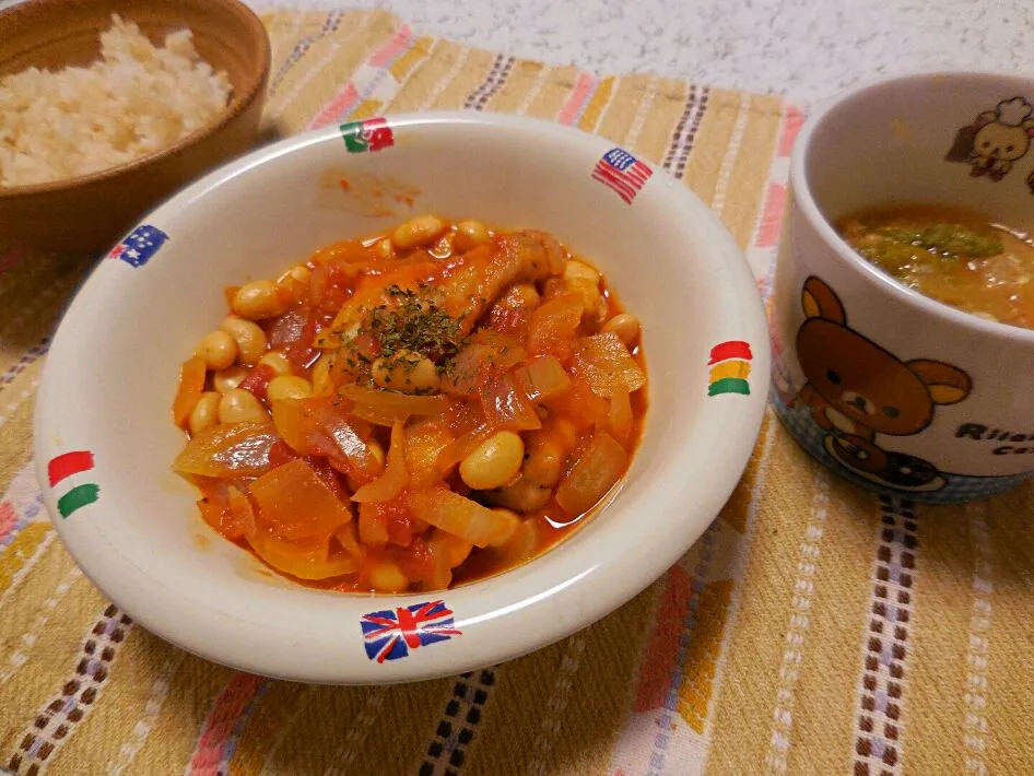 鶏肉と大豆のトマト煮、白菜スープ|ろぐしいさん