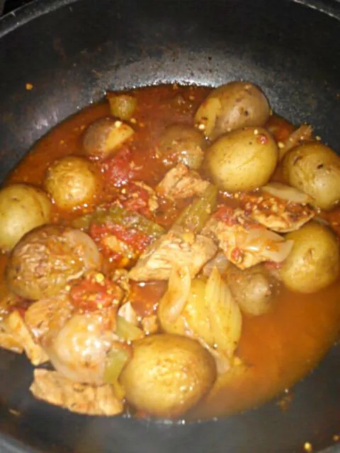 Veal stoup with baby potatoes, celery, onion, and jalapeno.|Polly Gelfusoさん