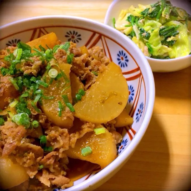 ✳︎大根と豚の甘辛煮✳︎ほうれん草とキャベツのサラダ|こまあずさん