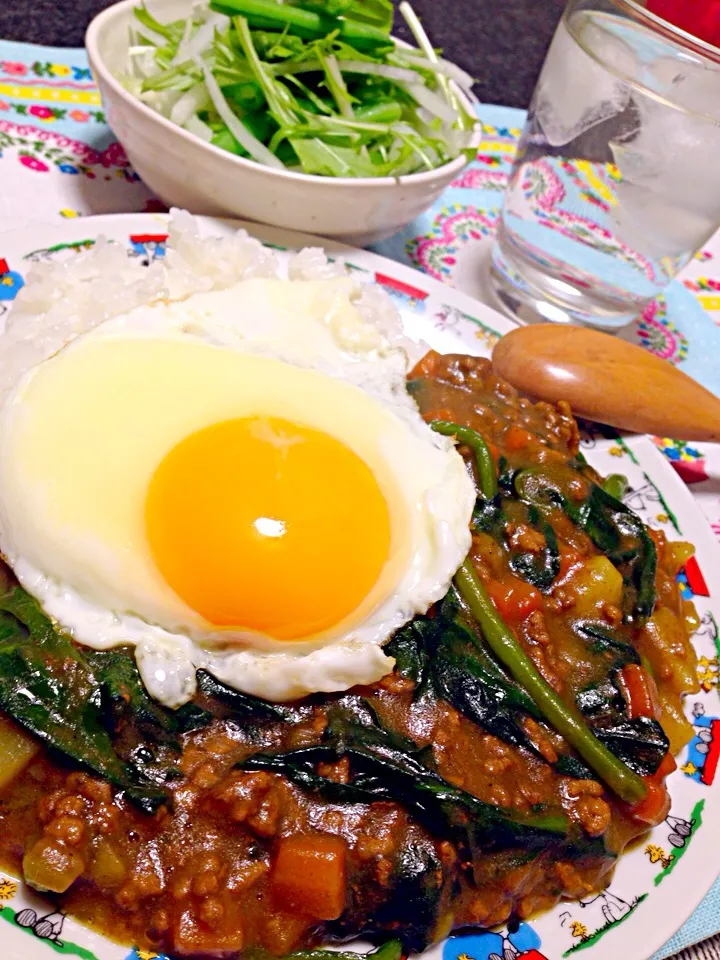 Snapdishの料理写真:ほうれん草カレー・サラダ|がぁがさん