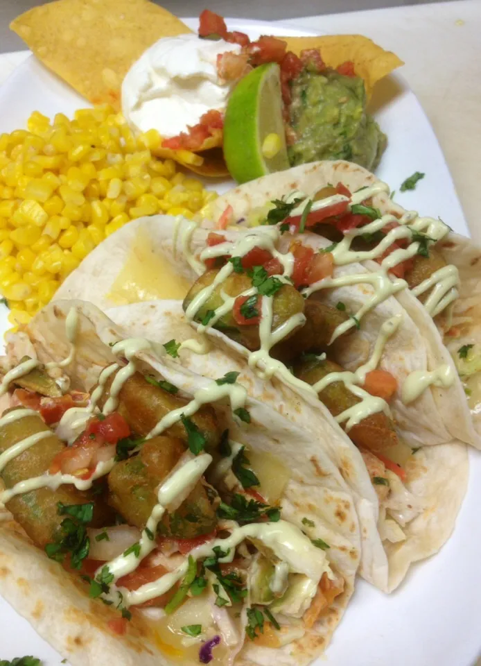 Snapdishの料理写真:Chicken and fried avocado taco with jalapeño ranch|peggy waldonさん