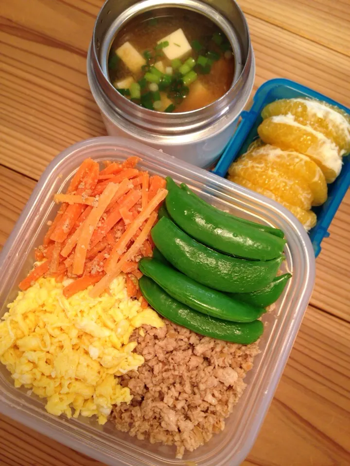 鶏そぼろ丼  お味噌汁  はっさく|かわまきまきさん