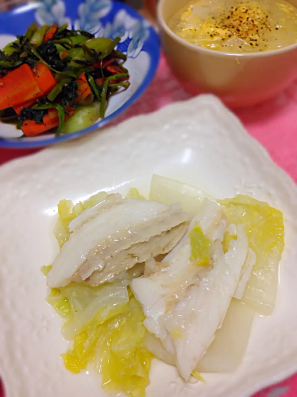 白身魚の蒸し煮＆中華炒め＆とろとろ卵スープ|naoさん