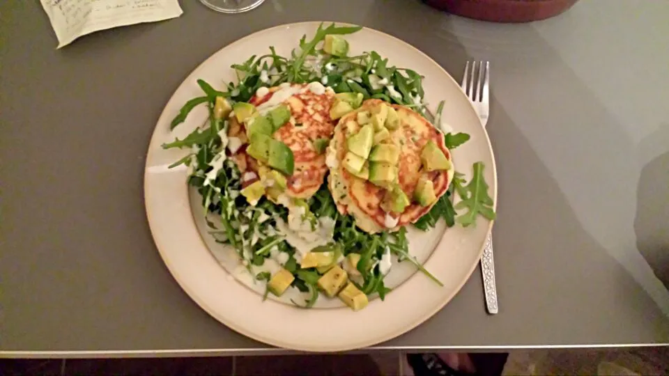 chive and ricotta cakes with salad|chandu patilさん