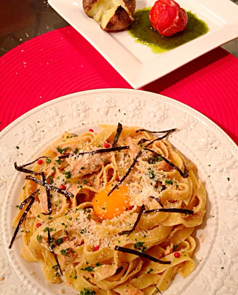 タラコのパスタ🍝と焼きトマト🍅|あうあうぶーさん