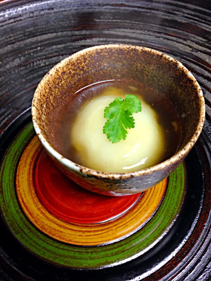 抱大飯店さんの料理 餡掛けじゃがいももち(高菜と豚肉の胡麻油炒め在中w)|ちーちさん