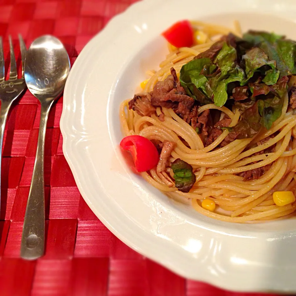 牛肉ときのこのパスタ♥︎あっさり醤油味|あねらさん