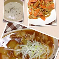 大根と豚バラ肉のトロトロ煮、レンコンと人参のきんぴら、白菜の豆乳スープ|♡よっしー♡さん