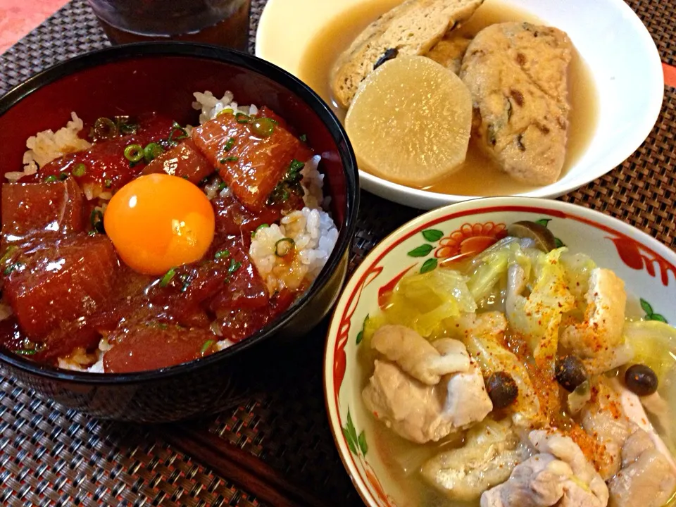 マグロのユッケ丼、鶏野菜煮込み、大根がんも❤︎|よ～さん