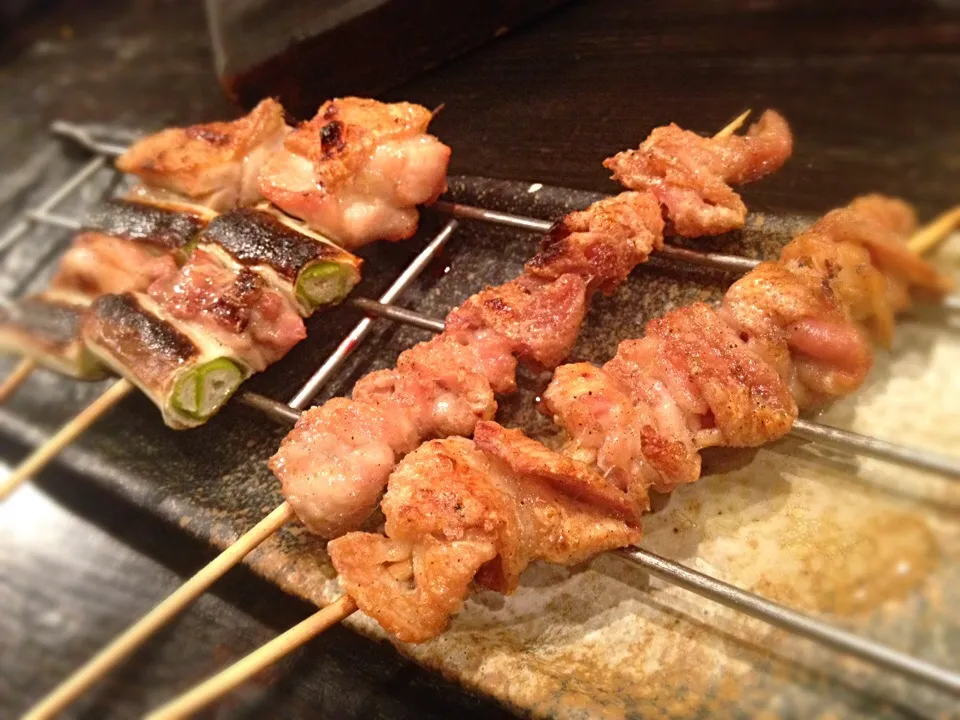 Snapdishの料理写真:皮の塩焼きとネギマ|Kazuhiro Murotaさん