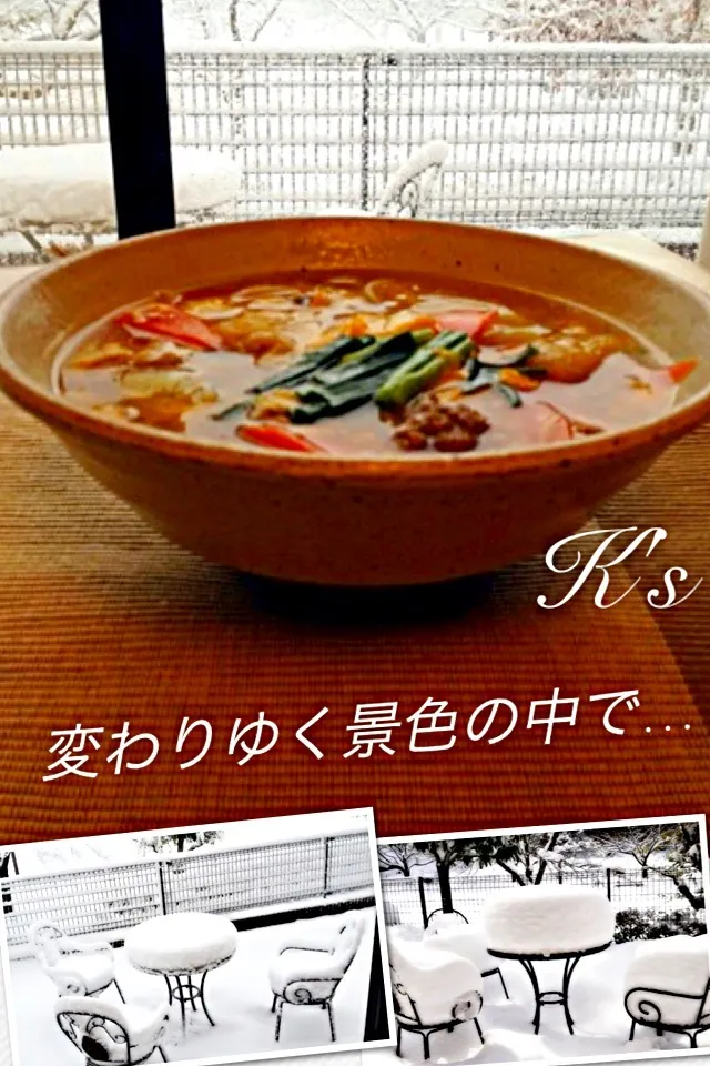 雪見しながら☃                                             野菜の温かいあんかけうどん💗|くうちゃんさん